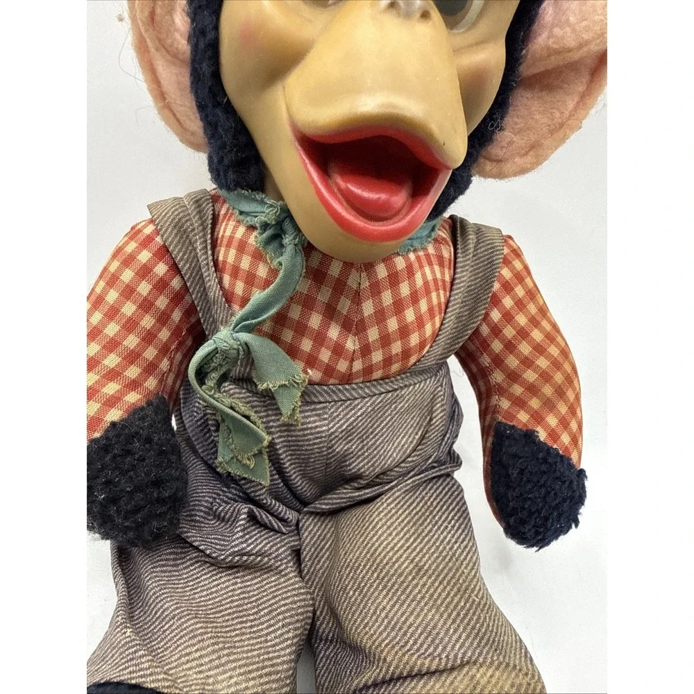 Vintage Gund Monkey Plush Chimp Rubber Hard Face Gingham Check Hat 13